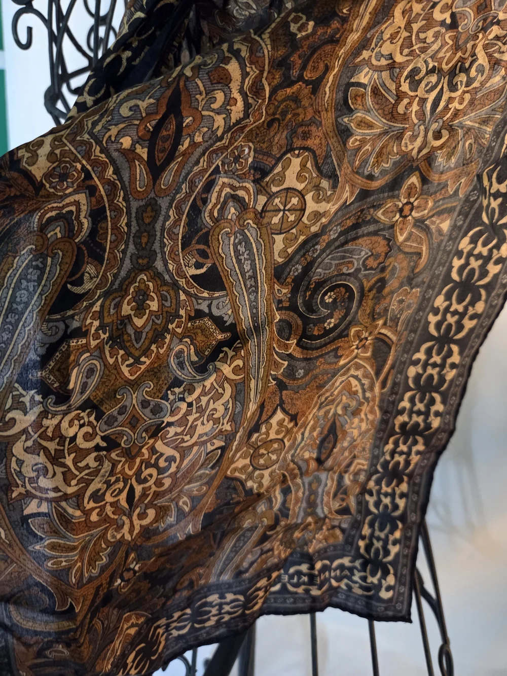 S125. Vintage Anne Klein Brown Paisley Scarf with Black Trim